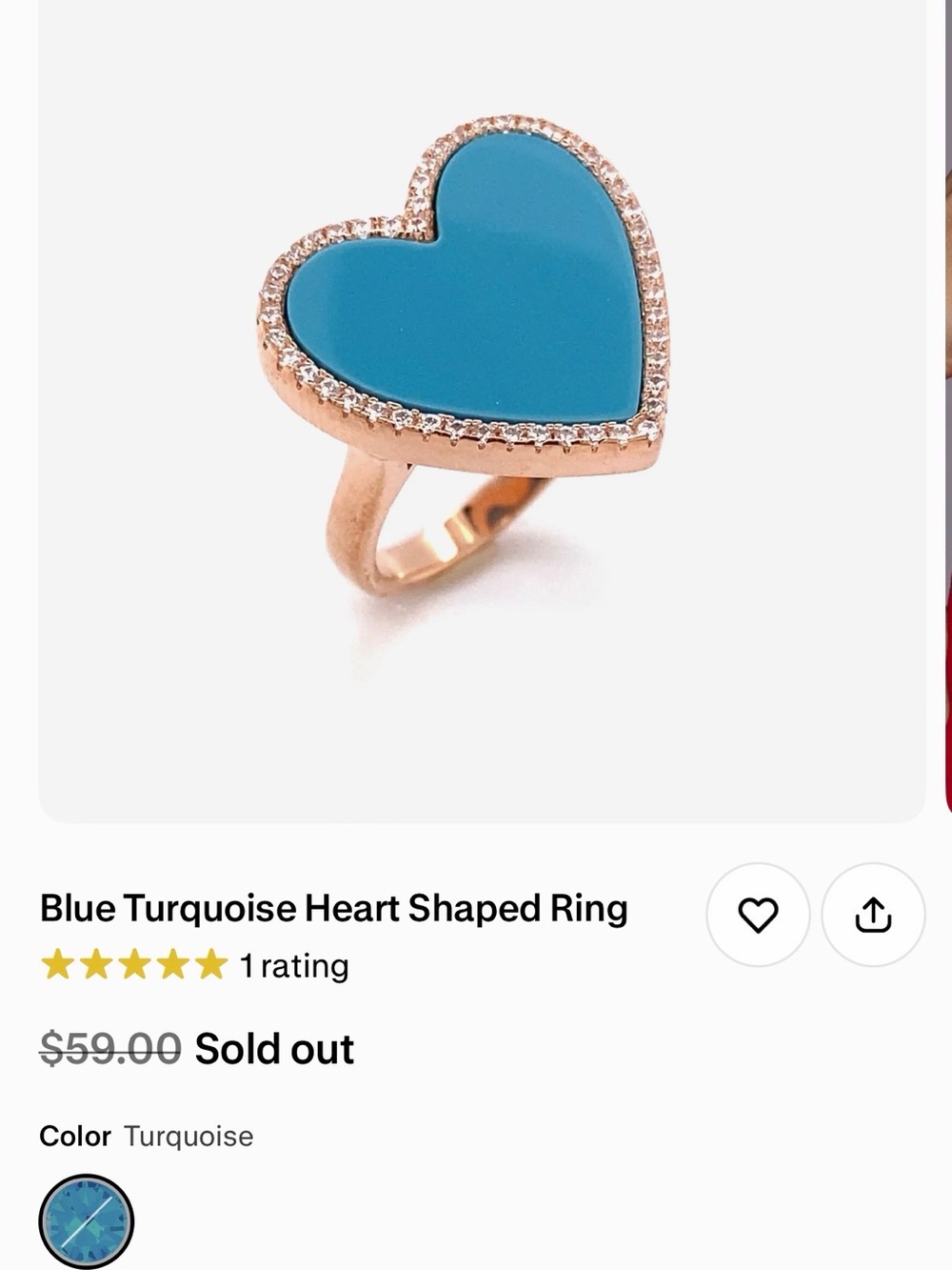 Brand New Anna Zuckerman Blue Turquoise Heart Ring in Rose Gold size 5